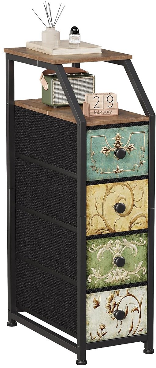 TRANKIELO® - Vintage stoffen commode met 4 laden – smalle opbergkommode in retro patroon voor slaapkamer en hal