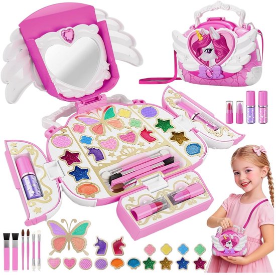 Goodivery - Make up Koffer Meisjes - Unicorn Make Up Set - Niet-Giftige, Afwasbare Make Up Set voor Kinderen met Spiegel en Bandjes - Roze en Wit