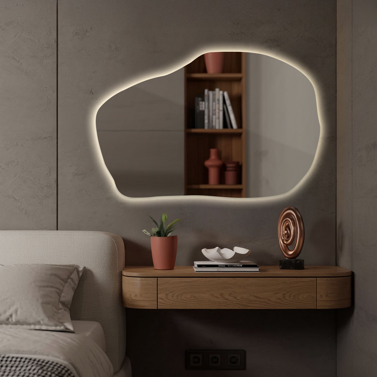 Coloray Wandspiegel LED - Grote Organische Woonkamer Spiegel LED - 90 cm x 58,5 cm - Spiegel Organisch Met Licht - Grote Organische Spiegel Woonkamer LED - Warm Licht - LED Spiegel Organische Vorm - Minimalistisch LED Spiegel