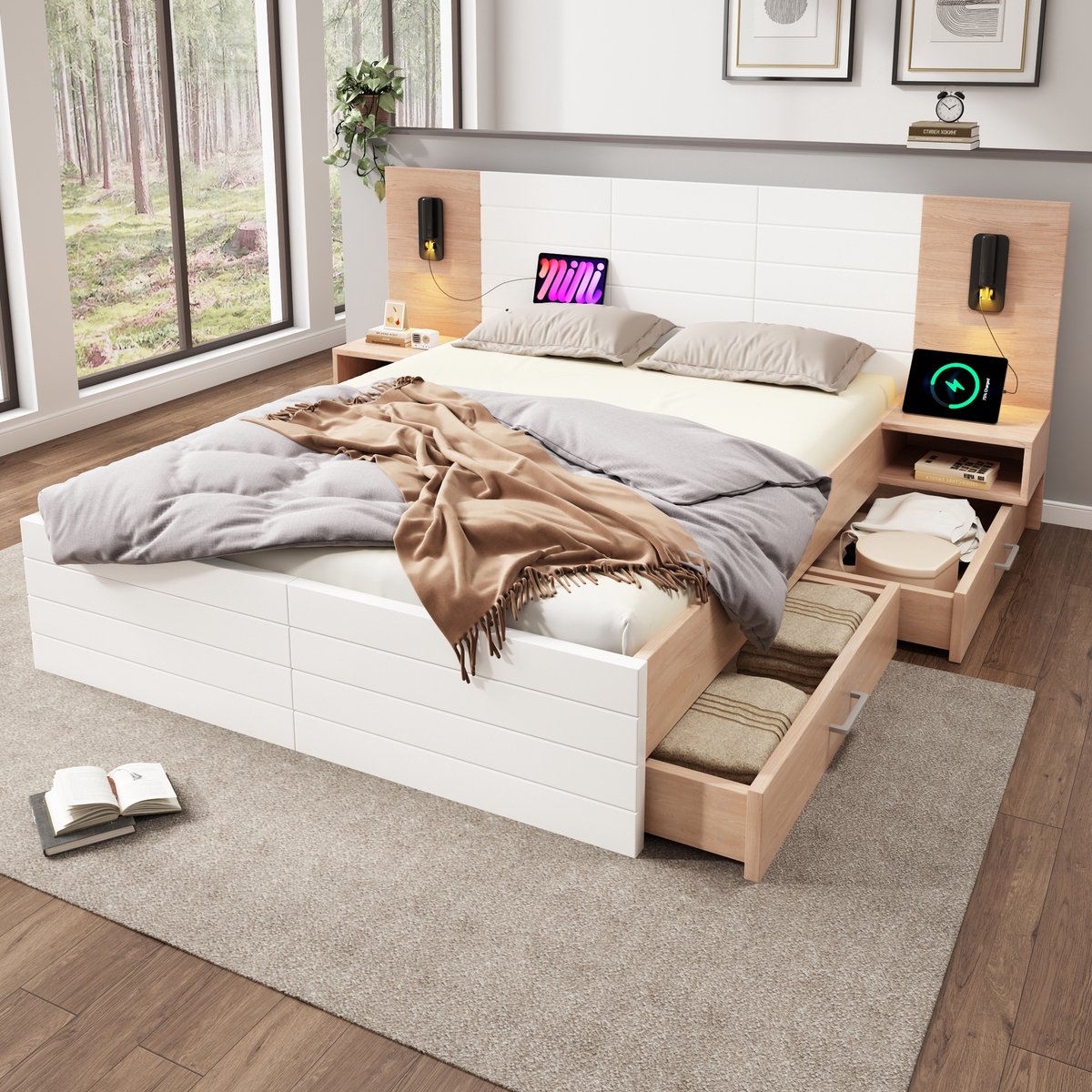 Tweepersoonsbed 180x200 cm - Massief hout + Wit MDF + Licht eiken - 2 Nachtkastjes + 2 Lad