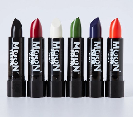Zes Moon Terror lippenstiften in zwarte hulzen: zwart, rood, wit, groen, paars en oranje.