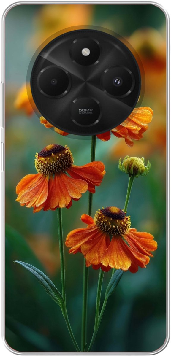 Telefoonhoesje Geschikt voor Xiaomi Geschikt voor Poco M7 hoesje - Oranje bloemen - Levendig - Wazige achtergrond - Siliconen Telefoonhoesje Telefoonhoesje