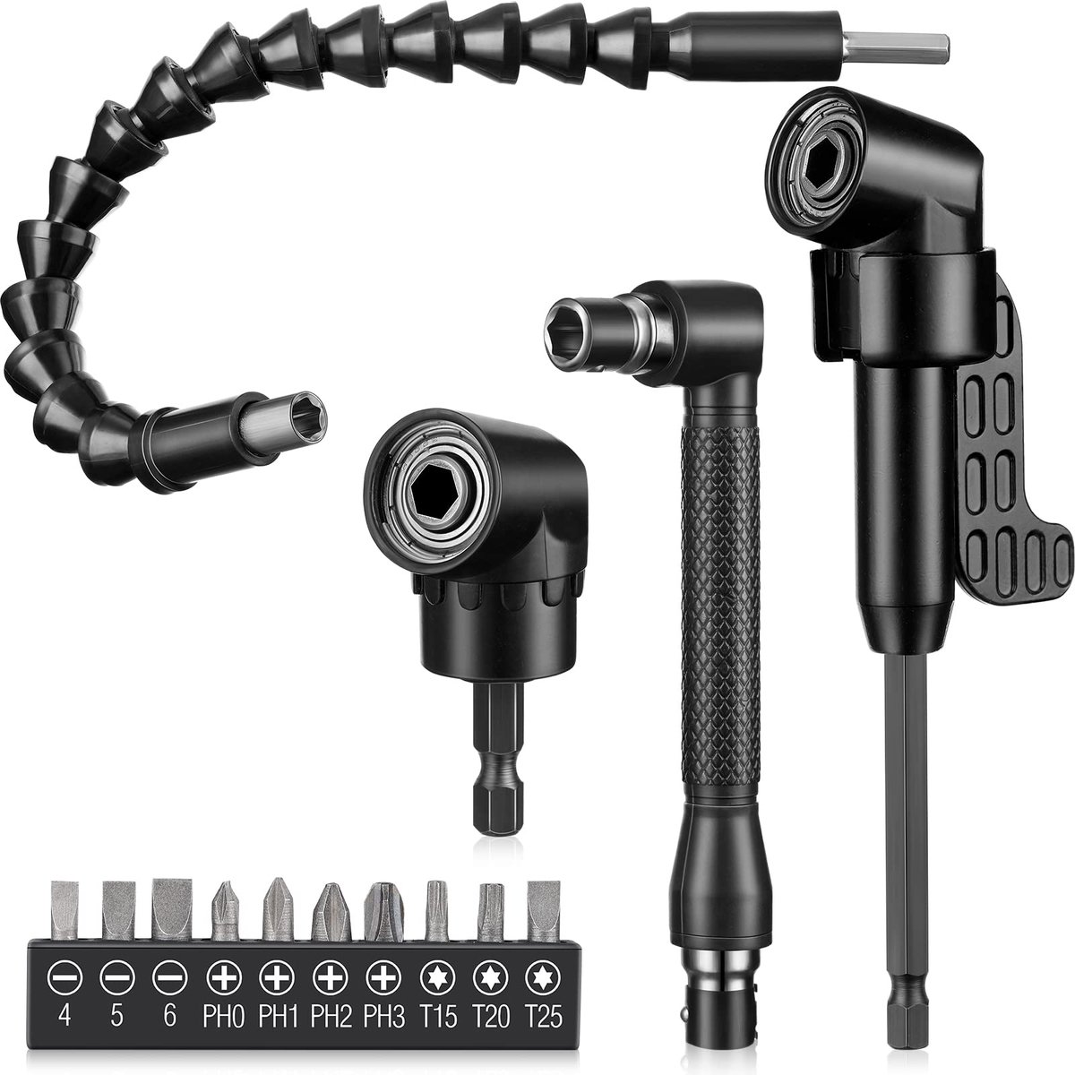 14-Delige Flexibele Boorverlengset - 1/4-Inch Zeskantschacht Flexibele Boorverlenging - 105° Haakse Boor - 90° Haakse Schroevendraaierbits - 10 Korte Schroevendraaierbits