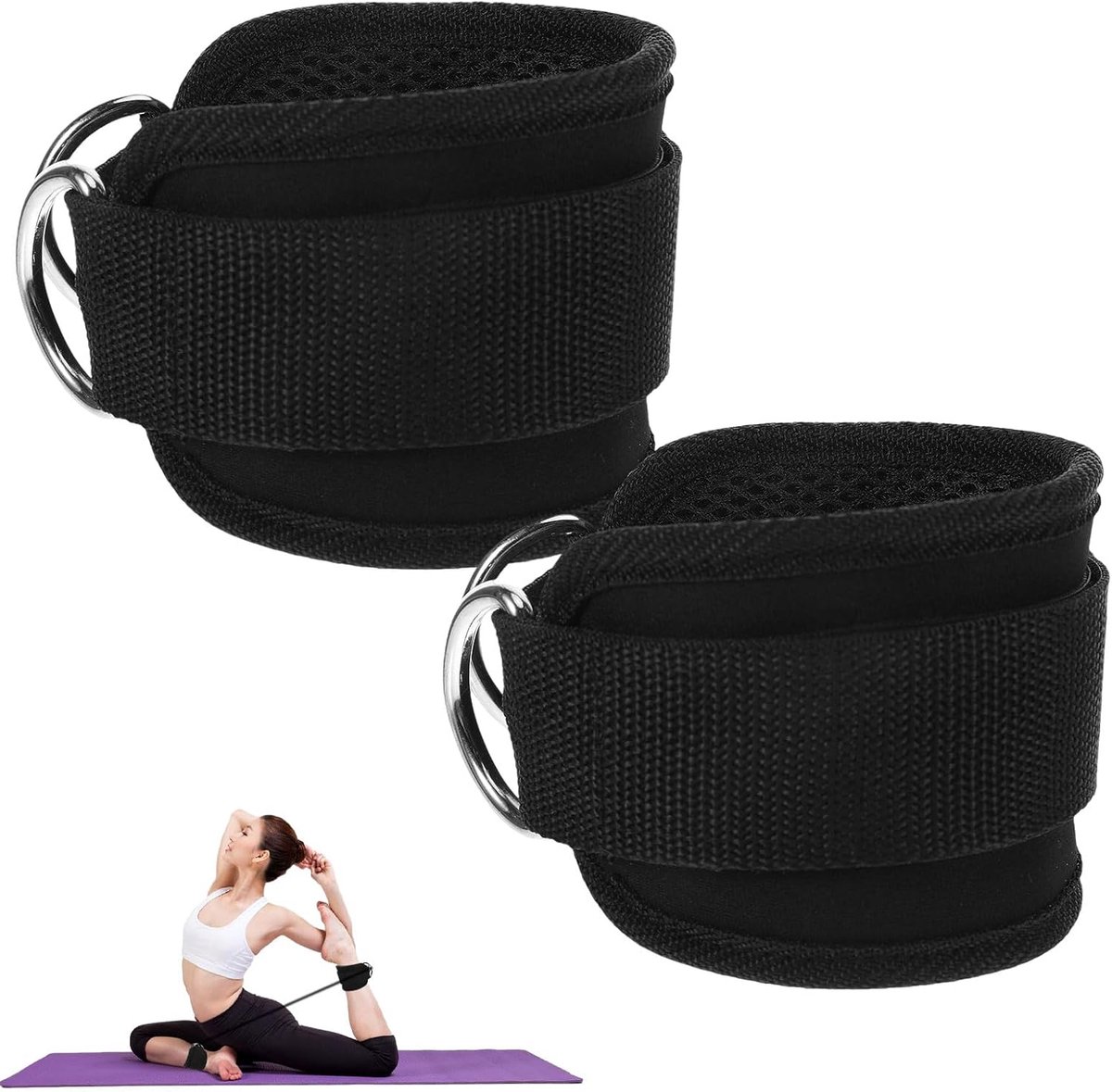 Ankle Straps - 2 Stuks - Ankle Cuff Strap - Enkelband Fitness - Ankle Strap Fitness - Fitness Accessoires - Billen Trainer - Spiervorming - Verstelbaar - Fast Fit Ankle Strap - Met Dubbele Roestvrijstalen D-Ring - Voor Dames En Heren - Zwart