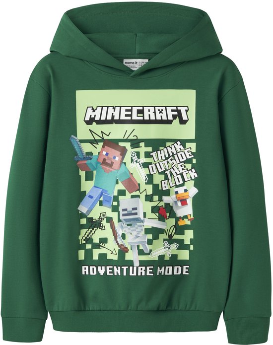 Groene hoodie met Minecraft-graphic, personages en de tekst 'Think Outside The Block Adventure Mode'.