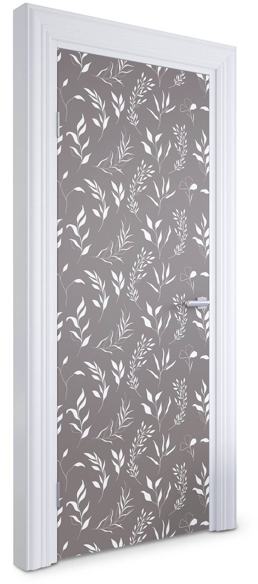 Wallfluent Deursticker - Bladpatroon Deurbehang Sticker - 75 x 205 cm - Grijs Deurbehang - Moderne Deur Sticker - Natuur Deurposter - Deursticker voor de Badkamer - Deur plakfolie