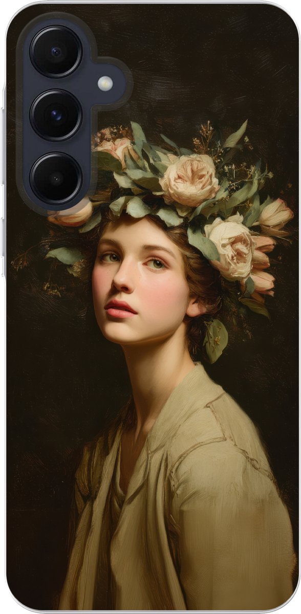 Telefoonhoesje Geschikt voor Samsung Galaxy A55 hoesje - Bloemenstilte - Vrouw - Portret - Siliconen Telefoonhoesje Telefoonhoesje