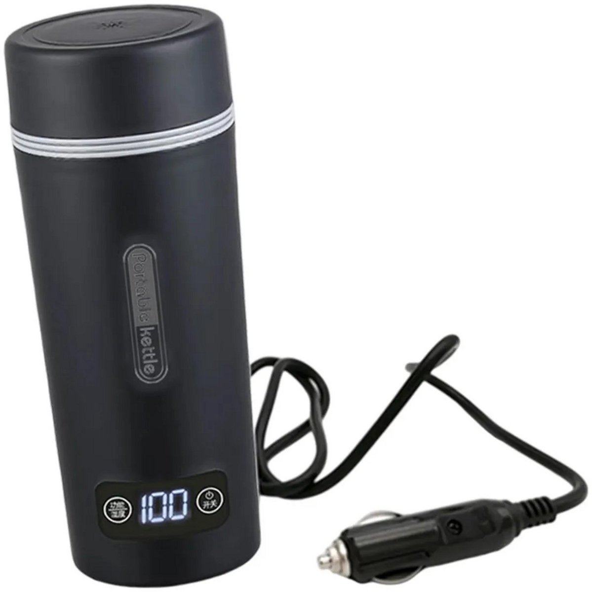 TravelHeat™ Draagbare Elektrische Waterkoker 12V– 350ml RVS – Instelbare Temperatuur tot 100°C – Mini Reis Waterkoker Auto Caravan Vrachtwagen – Compact & Snel Koken – Thermosfles Functie – Zwart