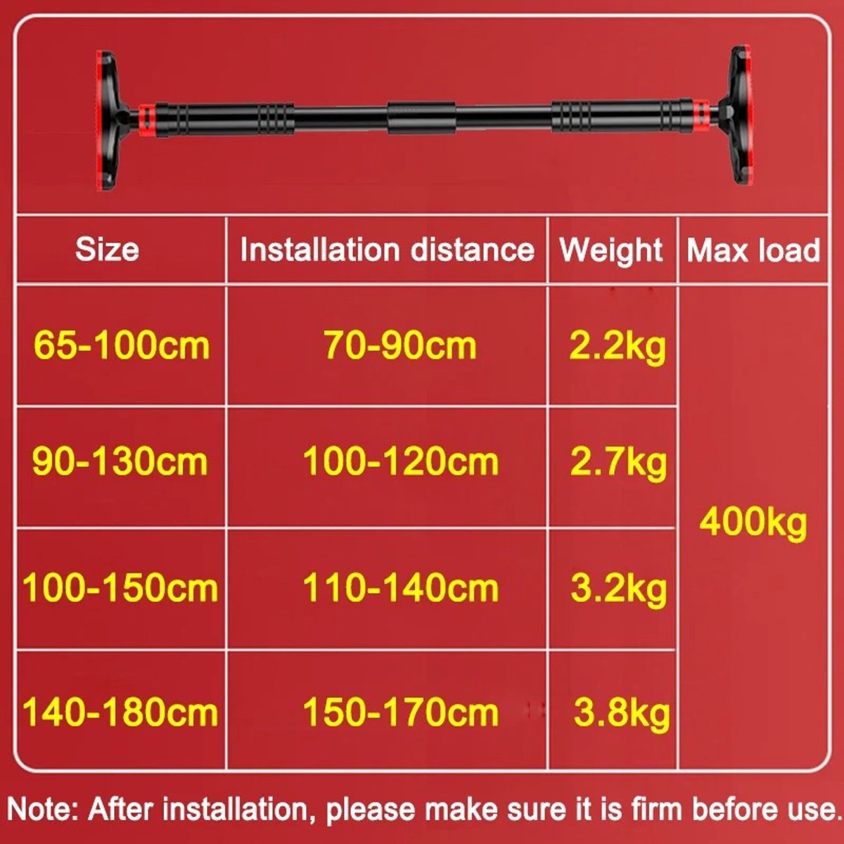 NaevaMi Pullup Bar - Optrekstang - Pull Up Bar Deur - Thuis Sporten - Fitnessbar - Hometrainer Stang - Calisthenics Bar - Horizontaal - Solide - 90 tot 130 cm - Zwart Rood thumbnail 3
