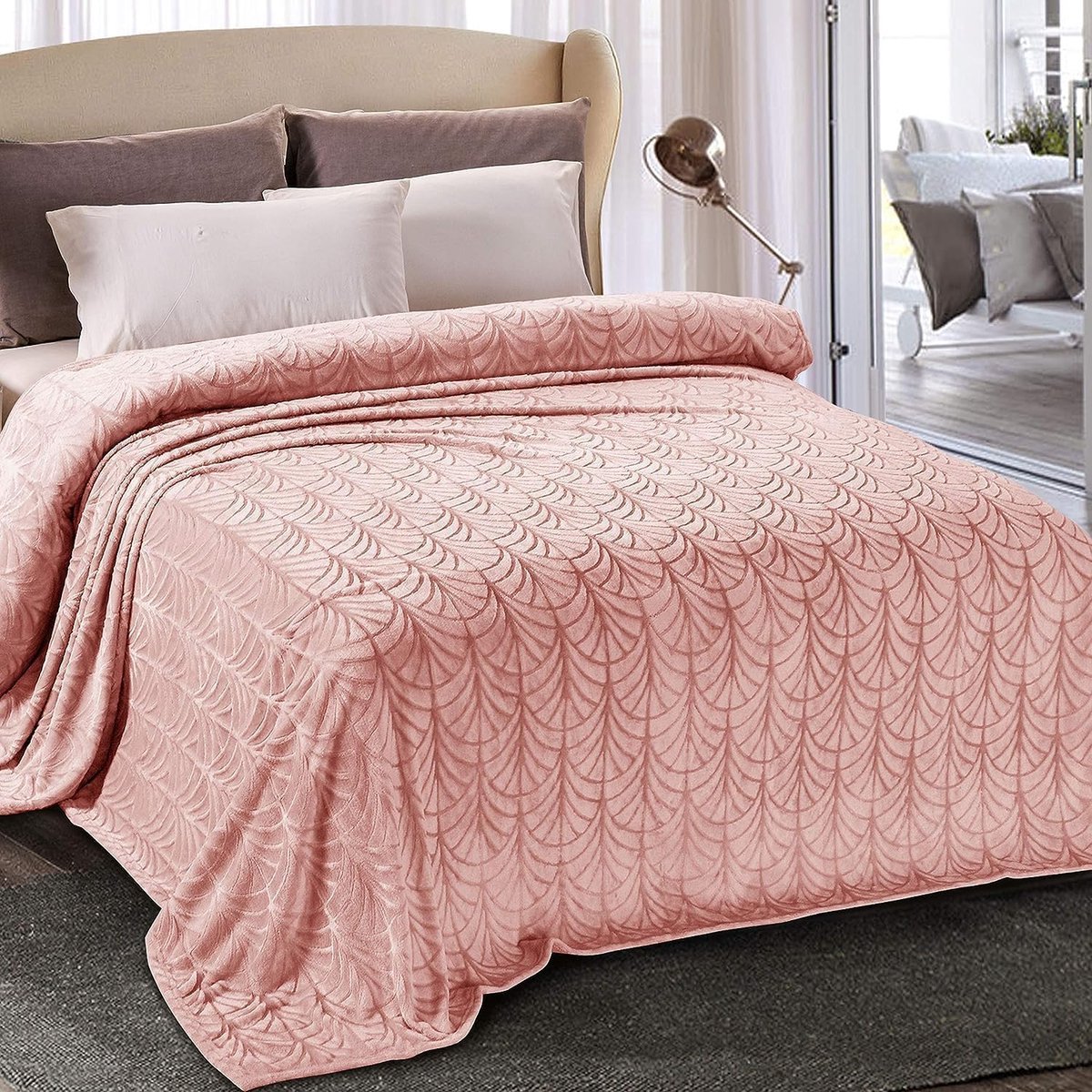 Stunq® Super Zachte en Warme Flanellen Deken met Bladerenpatroon, 220 x 240 cm, Roze