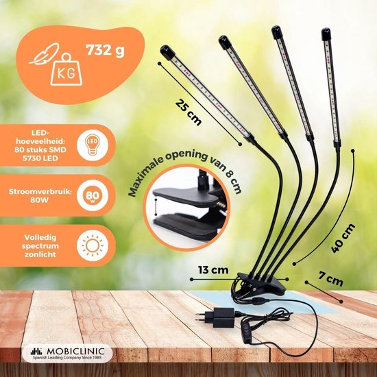 Plantenlamp 72 LED Volledig Spectrum Met Timer - Verstelbaar 30-165 Cm, 3 Lichtstanden, Incl. Stekker En Voet