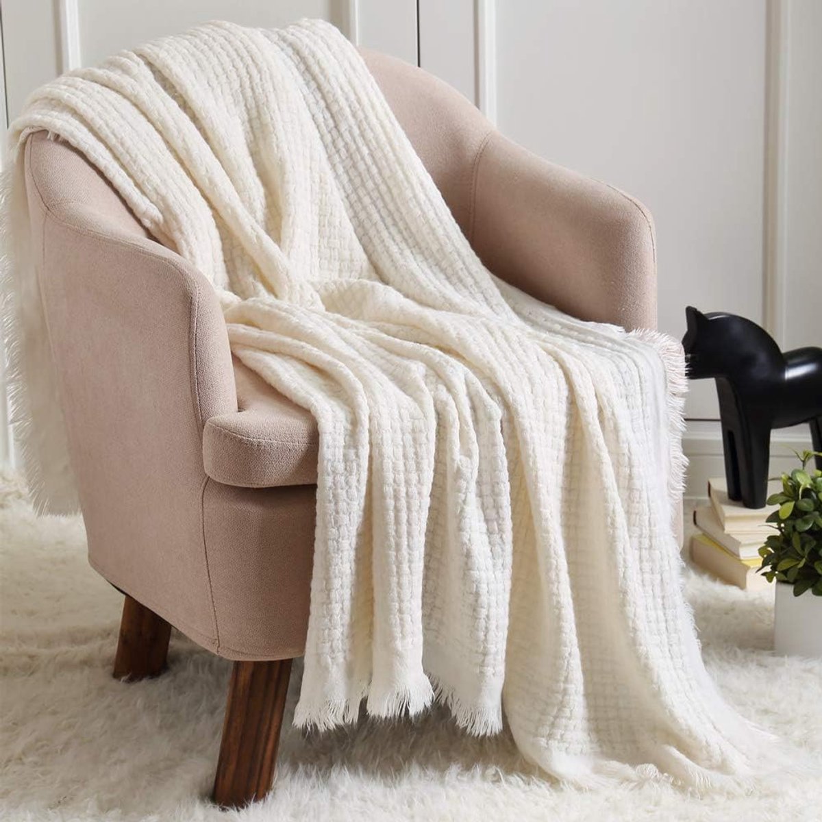 Stunq® Zachte lichtgewicht gehaakte deken lente zomer gebreide deken voor bank sofa stoel bed woondecoratie (50 x 60 inch, ivoor)