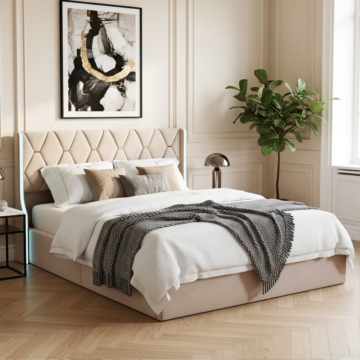 ADFBL Ottomaans Bed 140x200 cm Beige - Fluweel Bed met LED & Opbergruimte | Goud Geometrisch Design