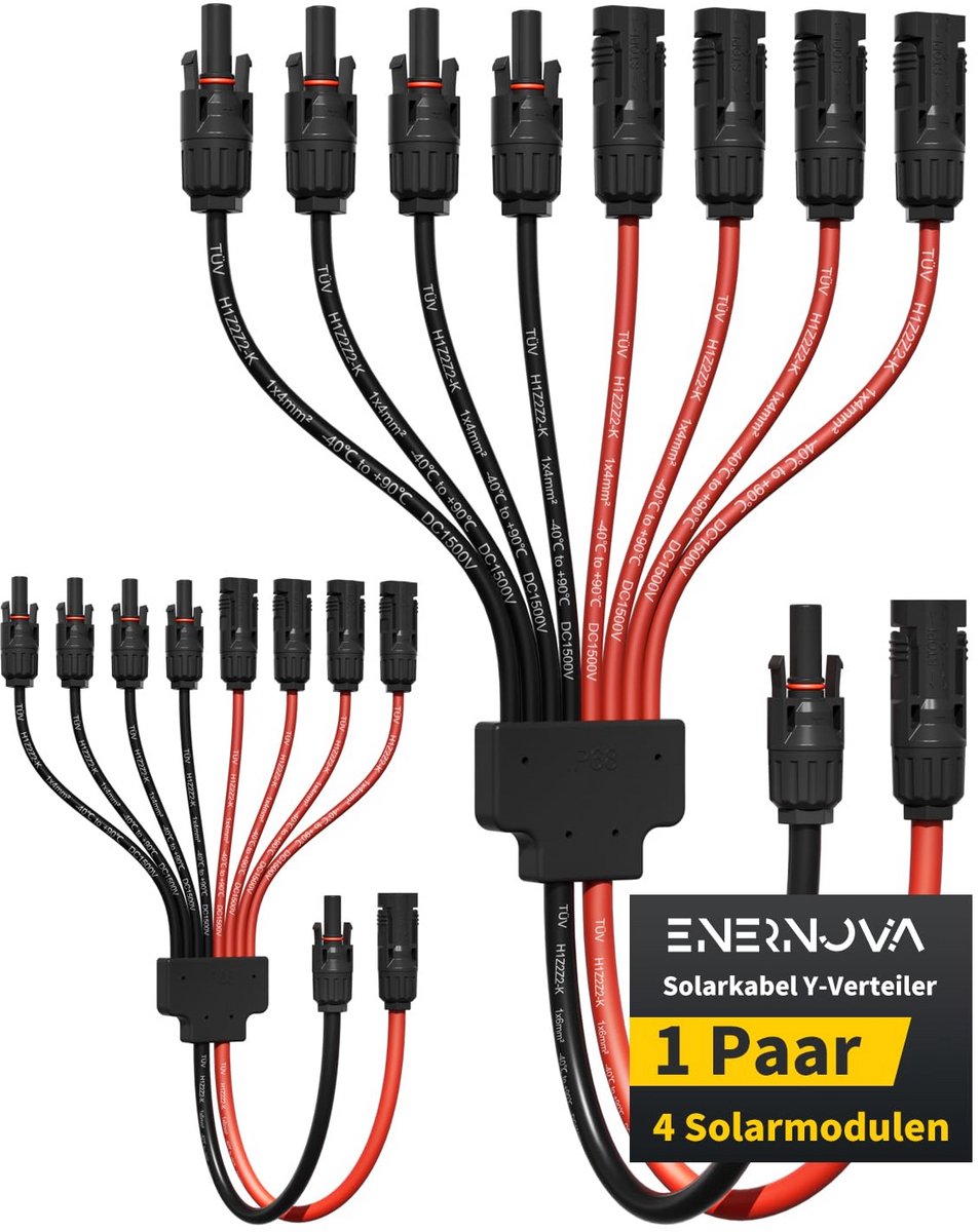 Zonnekabel Y-verdeler 4/6 mm² voor Zonnepanelen - IP68 Waterdichte Verlengkabel DC 1500V