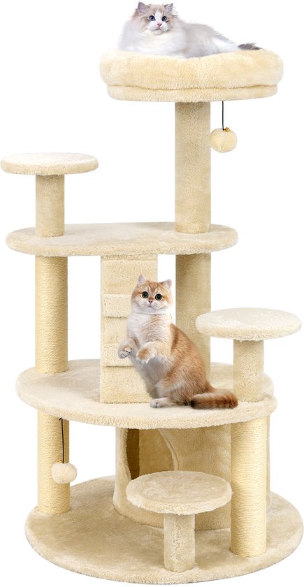 COSTWAY Krabpaal klein, kattenhol & kruk, kattenboom met zachte zitting & 3 sisal-krabzuilen & bal, kattenhuis klimboom, kattenkrabpaal kattenmeubel, 40x40x47cm (beige