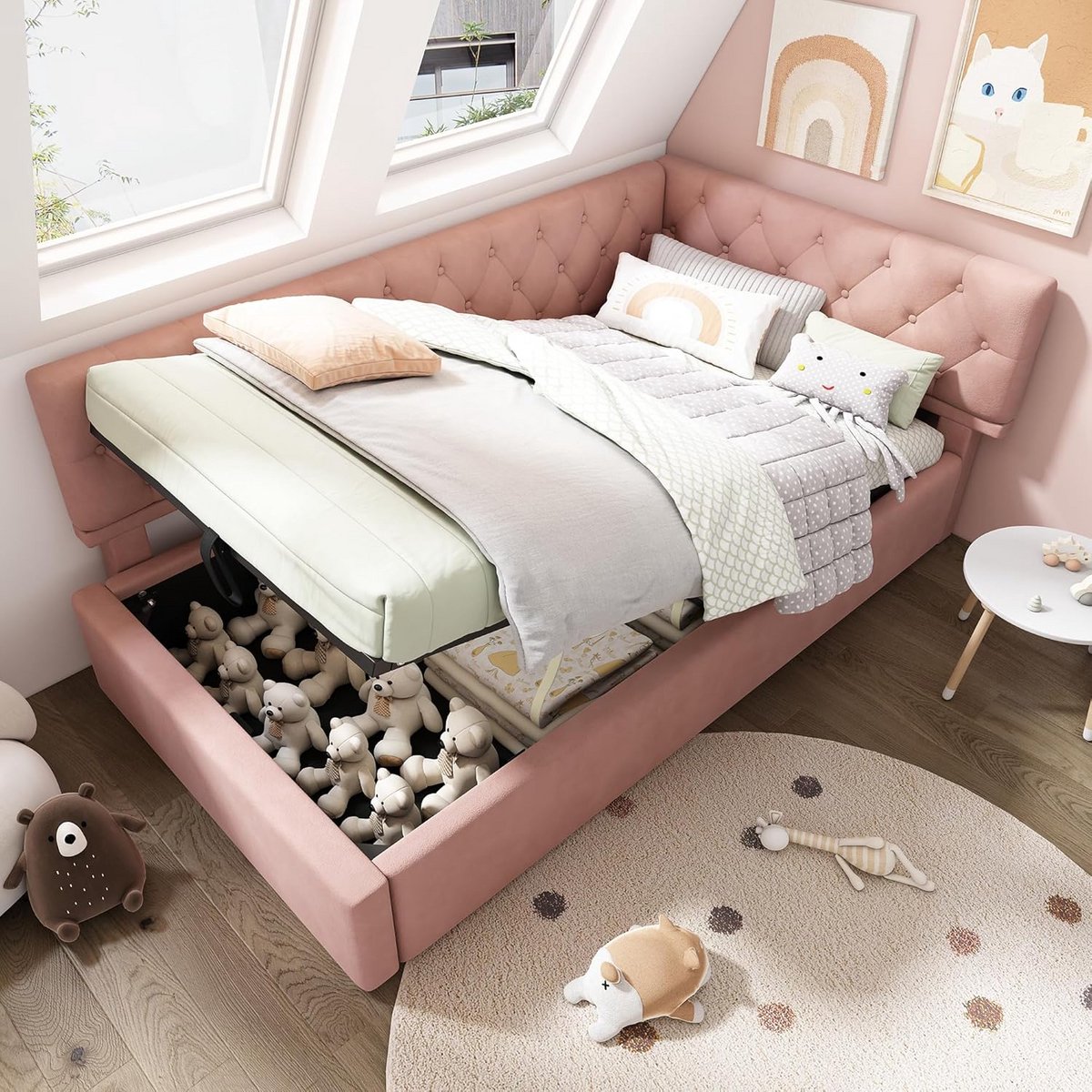 Daybed 90x200 cm met Grote Opberglades, Gestoffeerd Slaapbank met Rugleuning