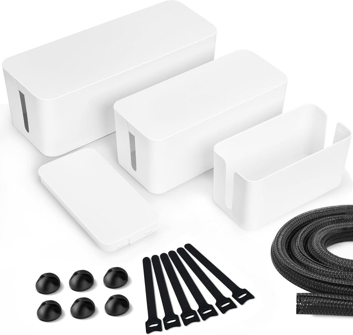 Stunq® Set van 3 witte kabelboxen - Groot, medium en klein - Kabelmanagementbox van ABS-kunststof - inclusief kabelhouder, kabelbinders en kabelslang