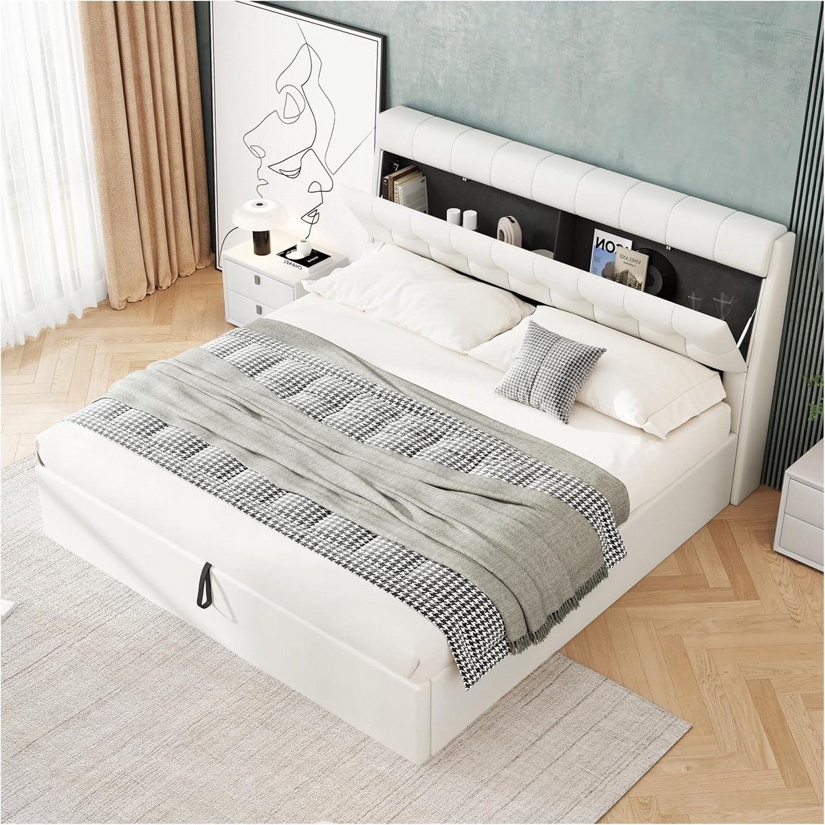 Tweepersoonsbed 180x200 met Opbergruimte en Hoofdeinde | Gestoffeerd Wit Veganistisch Leer