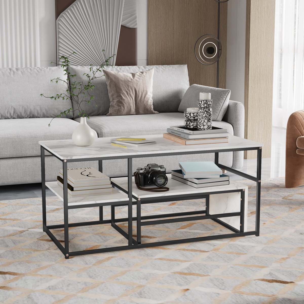 Nesttafels Set van 2 – Rechthoekige Salontafel & Bijzettafel – Met Metalen Frame en Opbergruimte – Multifunctioneel Design