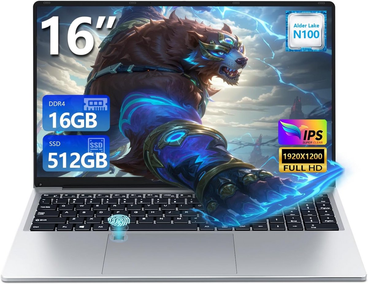 Laptop 40,6 cm (16 inch) met 16 GB RAM, 512 GB SSD en Celeron Processor N100