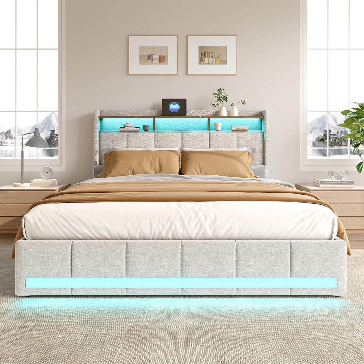 Tweepersoons Bed 160x200 cm Gestoffeerd met 4 Opberglades, Lattenbodem en LED Verlichting