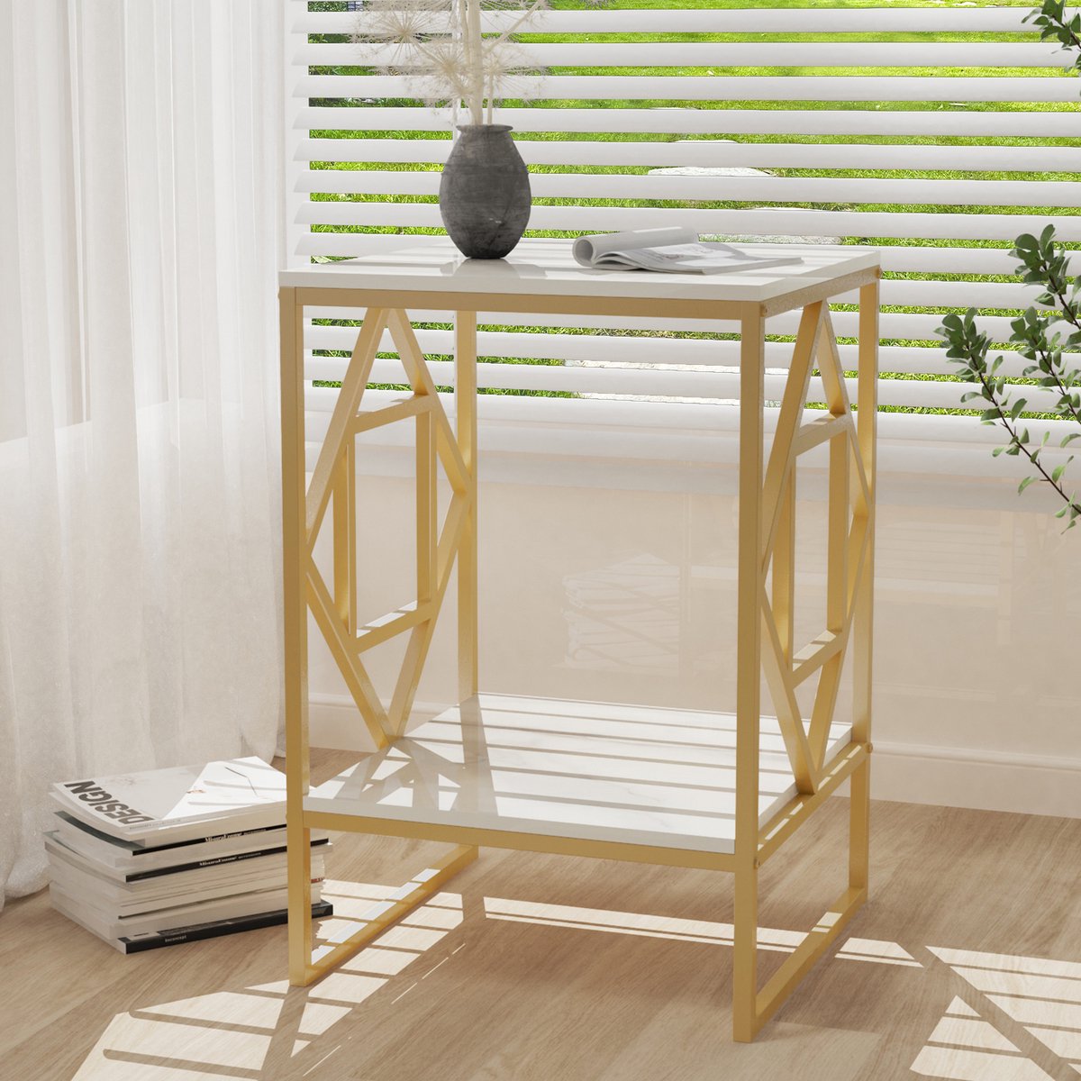 FATIVO Bijzettafel - Vierkant Nachtkastje - 2 Planken - Marmerlook Wit - goudkleurig metalen frame - 40x40x58cm