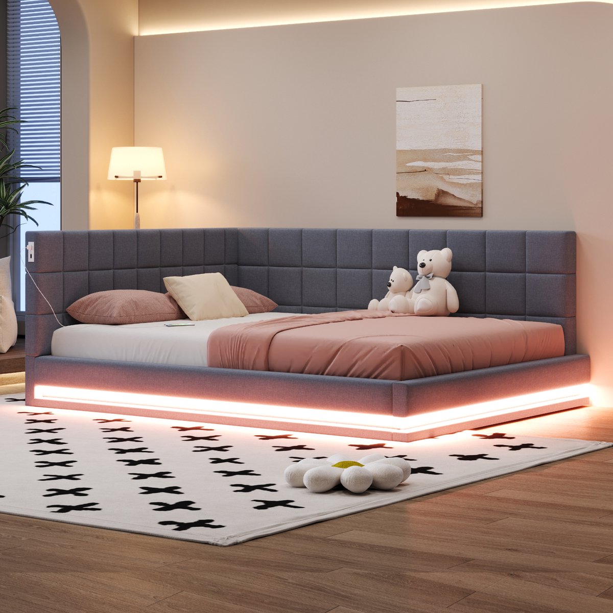 HAUSS SPOLE Gestoffeerde Slaapbank 160x200cm - Uitklapbaar met Lattenbodem - LED-Sfeerverlichting en USB-Oplaadpoort - Linnen - Grijs - Zonder matras