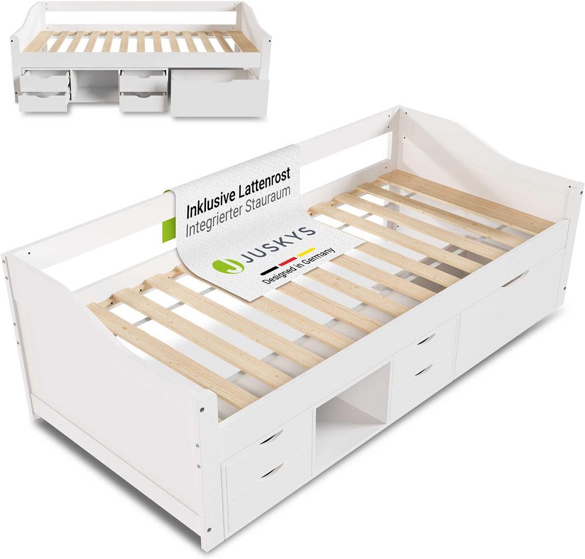 Houten Opbergbed 90x200 cm Wit met Lattenbodem en 5 Laden - Kinder- en Tienerslaapkamer