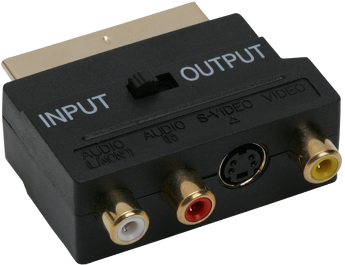 SCART naar RCA Adapter met S-Video – 3x RCA + S-Video Vrouwelijk naar Euro-SCART Stekker – Verguld met In/Out Schakelaar - 1 Stuks [05178]