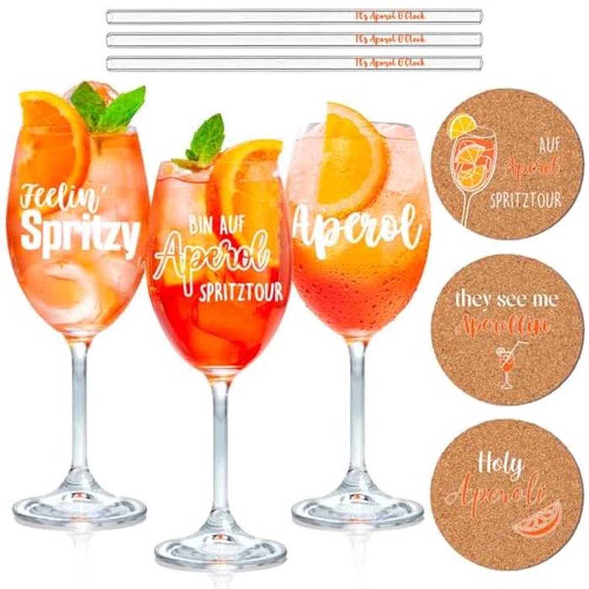 Set van 3 aperitiefglazen met rietjes en onderzetters