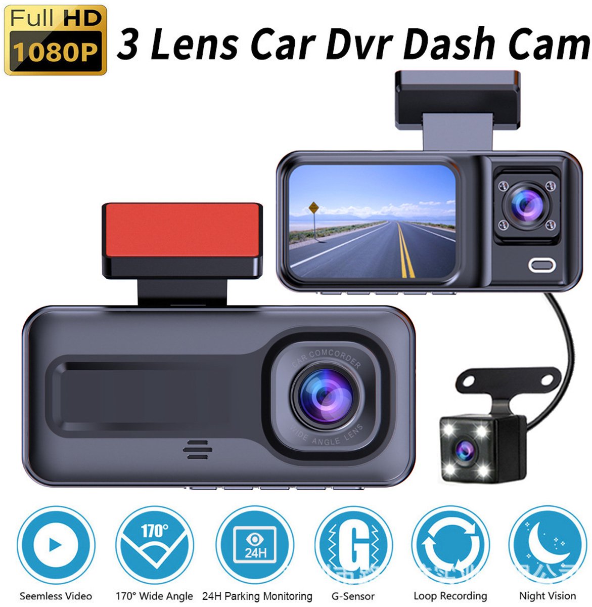 Autocamera (DVR) - Inbouw-DVR - Camera's voor, binnen en achter - Full HD - 120° groothoek - Loopopname - Zwaartekrachtsensor