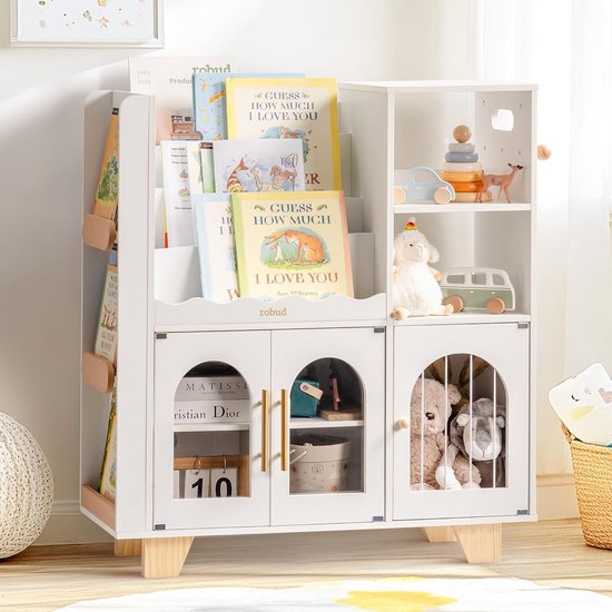 SoBuy Boekenkast voor kinderen, speelgoed, kinderen, met 5 vakken, meubels, opslag, speelgoed, rek, boekenkast, tijdschriftenrek, wit, 80 x 34 x 104 cm, KMB55-K-W