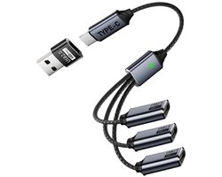 USB-C splitter (1 ingang, 3 uitgangen), USB Type-C splitteradapter, multi-interface connector voor data en opladen, USB-C dual-interface kabel met adapter.