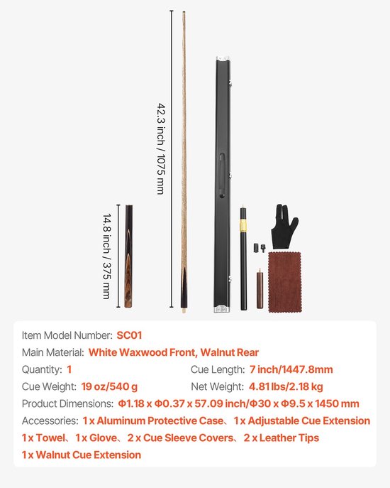 Snooker- en poolkeu - Set - Lengte 145 cm - Gewicht 540 g - Verlengstuk - Lederen Tip - Aluminium Koffer - Handdoek — afbeelding 4