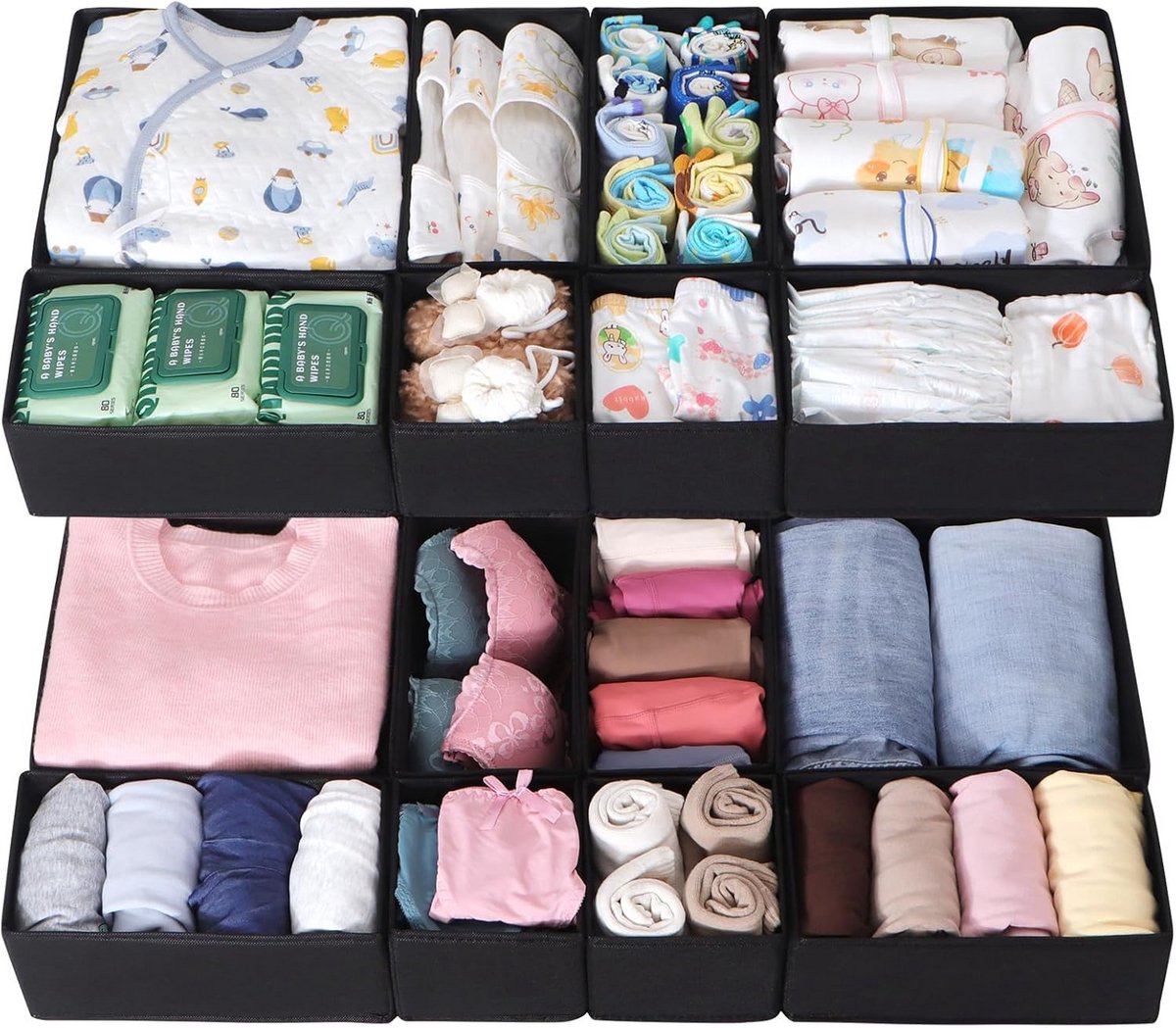 Set van 16 lade-organizers voor kleding en opberging, modulair en opvouwbaar, zwart