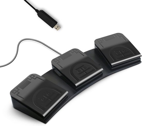 Zwart, gebogen USB-voetpedaal met drie trappen, met kabel en USB-connector.