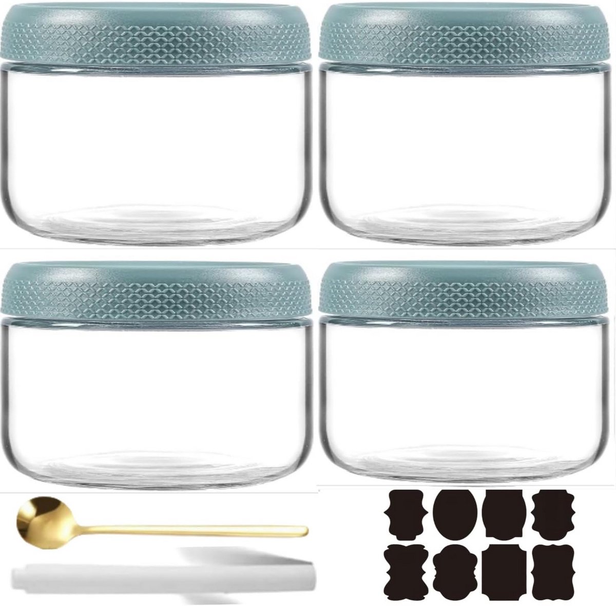 4-Delige Set Glaspotten 300ml met Deksel voor Overnight Oats en Bewaren
