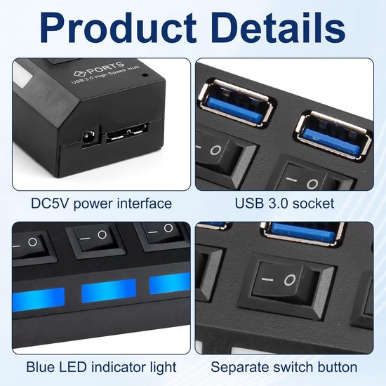 USB Hub 7 Poorten USB 3.0 & 2.0 - Dataoverdracht 5 Gbit/s - Plug & Play — afbeelding 4