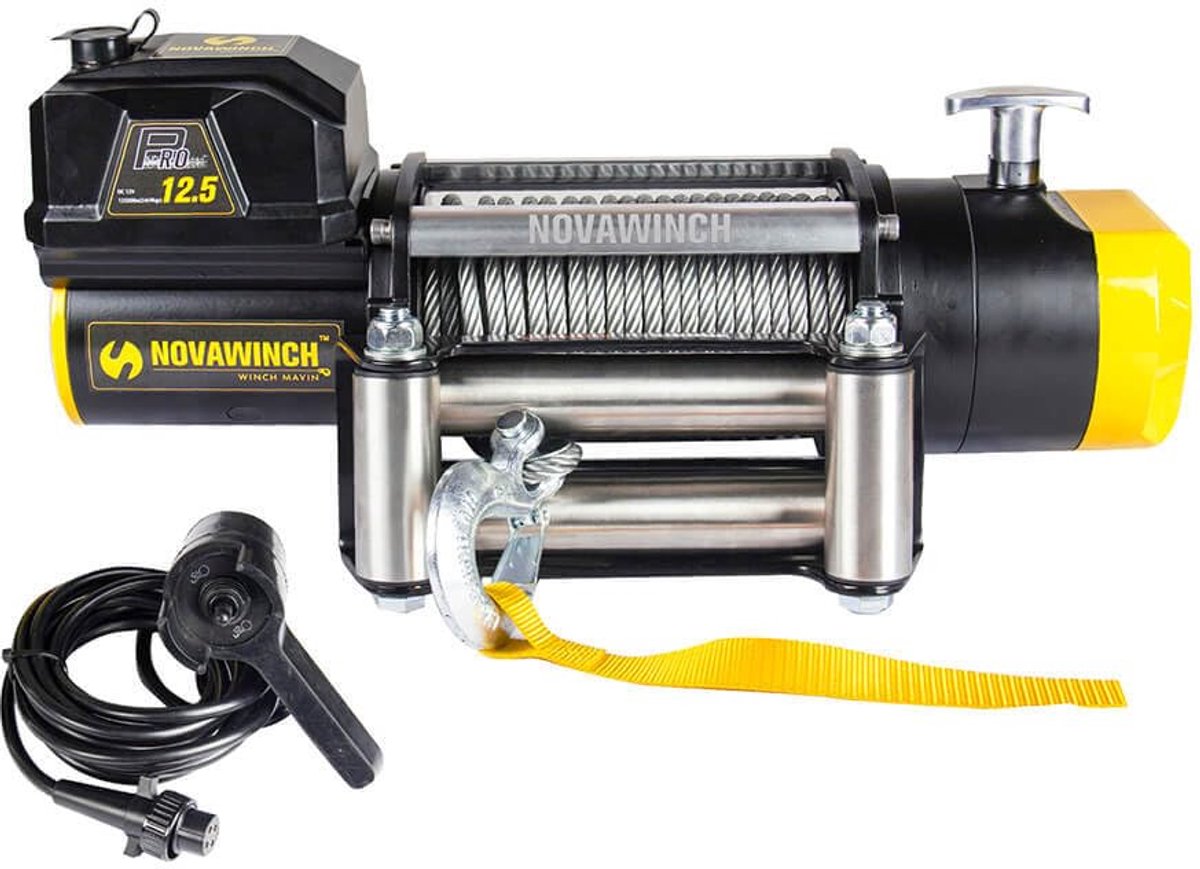 NovaWinch PRO 12500 SR - Elektrische lier 12V - 5670 kg trekkracht - Met 26 mtr synthetische liertouw + haak met veiligheidsklep - Incl. 4m kabelafstandbediening