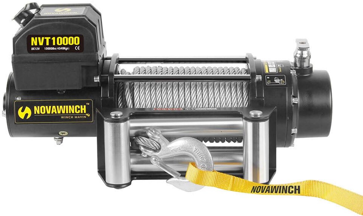 NovaWinch NVT10000 - Elektrische lier 12V - 4536 kg trekkracht - Met 25 mtr. staalkabel - Incl. 4m kabelafstandsbediening. Draadloze bediening op aanvraag leverbaar.