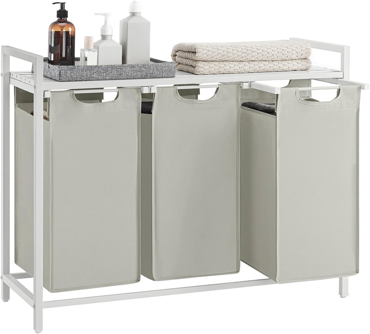 VASAGLE - Wasmand - 114 liter - 3 compartimenten - wasmeubel / wasverzamelaar met plank - Oxford-stof - verwijderbaar metalen frame - 3 x 38 L - 92,5 x 33 x 72 cm - wit