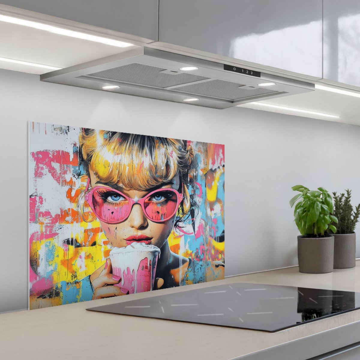 Spatscherm 70x55 cm - Zelfklevende achterwand Expressief - Milkshake - Vrouw - Felle kleuren - Keuken muurbeschermer - Spatwand fornuis
