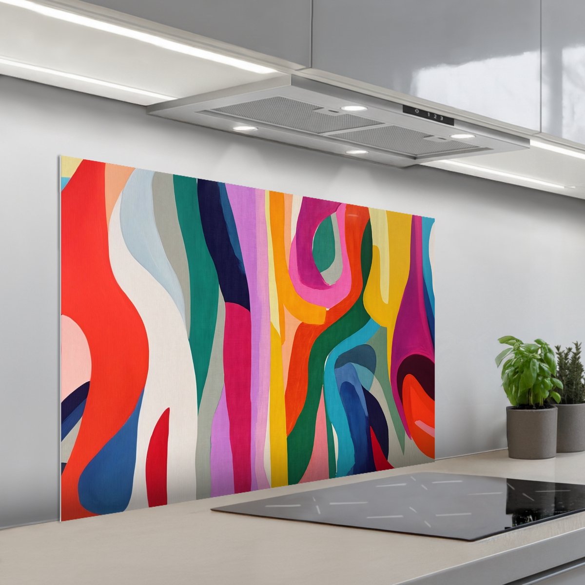 Spatscherm 100x65 cm - Zelfklevende achterwand Abstract - Kleurrijk - Golven - Lijnen - Keuken muurbeschermer - Spatwand fornuis