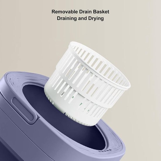 Mini-lave-linge violette avec un panier de vidange blanc retiré.