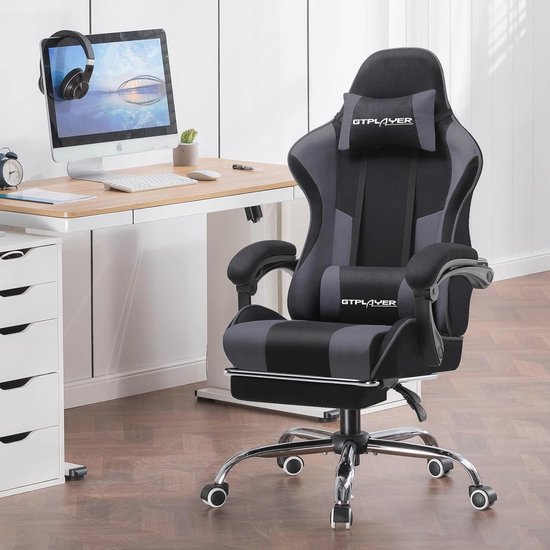 Ergonomische Gamingstoel met Massagefunctie en Voetensteun - Draaistoel in Grijs — afbeelding 3