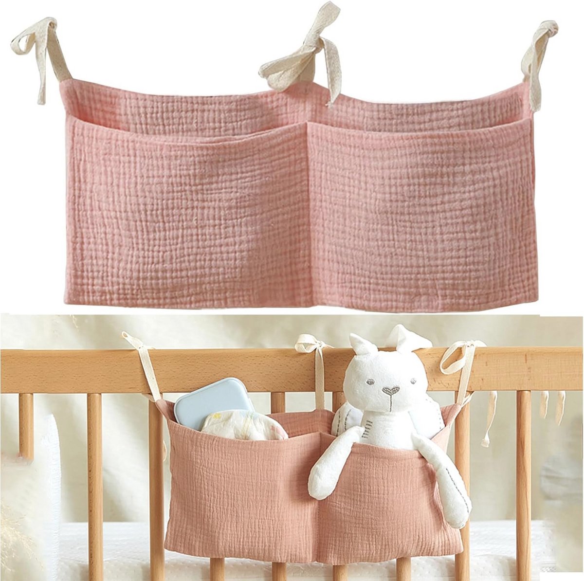 Hanging Baby Bed Organizer - Nursery Storage Bag for Diapers, Clothes, and Toys (Pink)