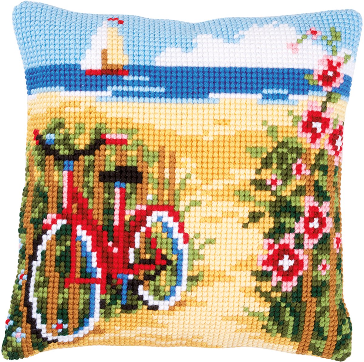Vervaco - Kruissteekkussen kit - Fiets aan het strand - PN-0148559 - Borduren - Borduurpakket - Borduurpakket volwassenen - Borduurpakket kind