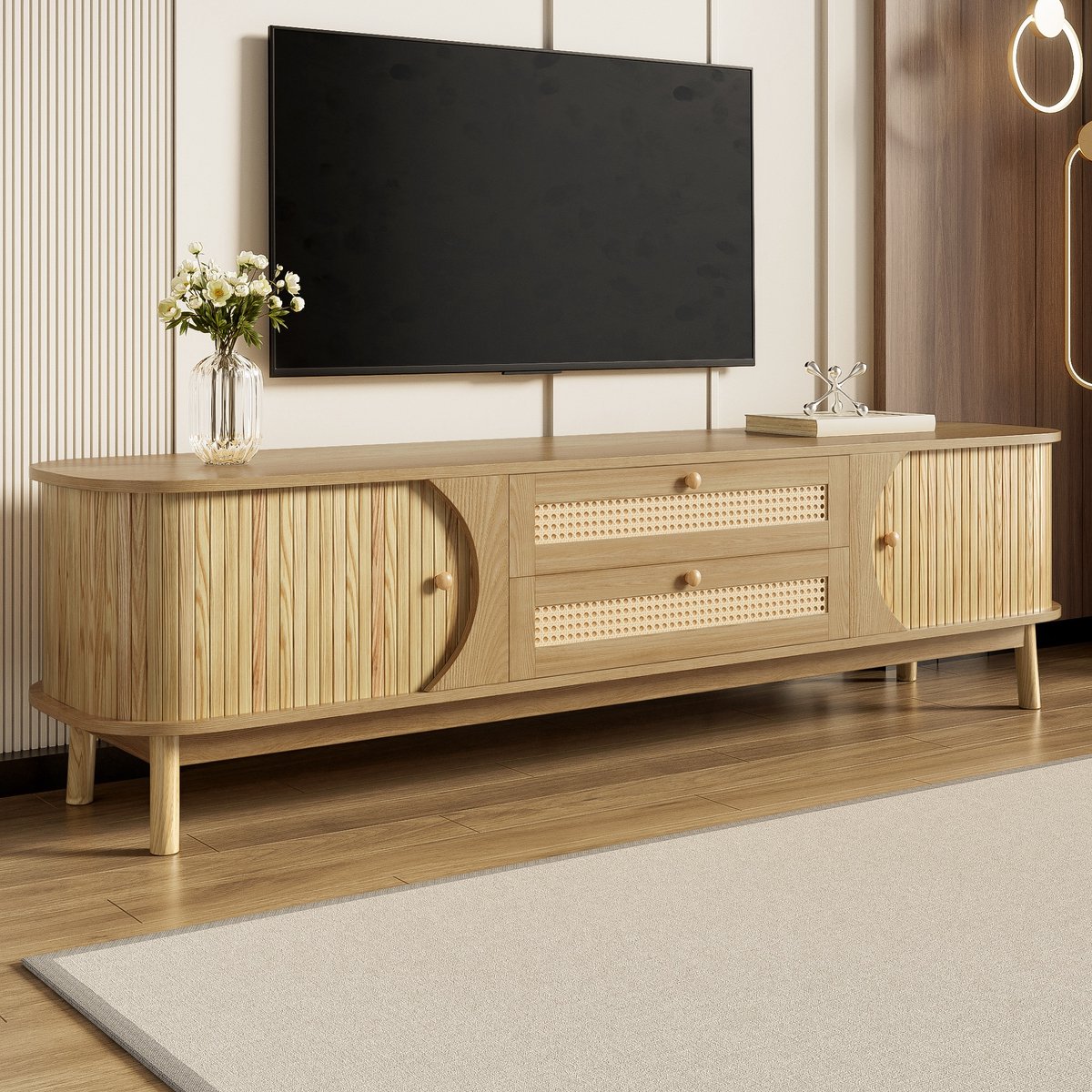 Sweiko TV-kast - Houtnerfafwerking - 2 lades - Rotanconstructie - Landelijke stijl - Natuu