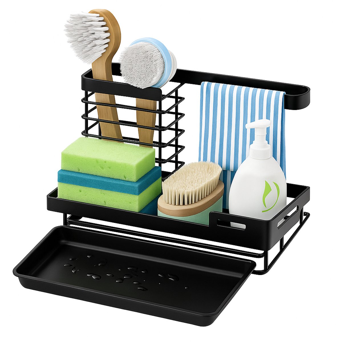 AUM® Gootsteen organizer - Vaatdoekhouder Organizer - Aanrecht en Keuken Organiser - Theedoekhouder– Zwart Met Schoonmaakdoek - Aanrecht Organiser met Afdruiprek - Opbergrek - Sponshouder - Gootsteenbakje - Gootsteenorganizers - Zwart
