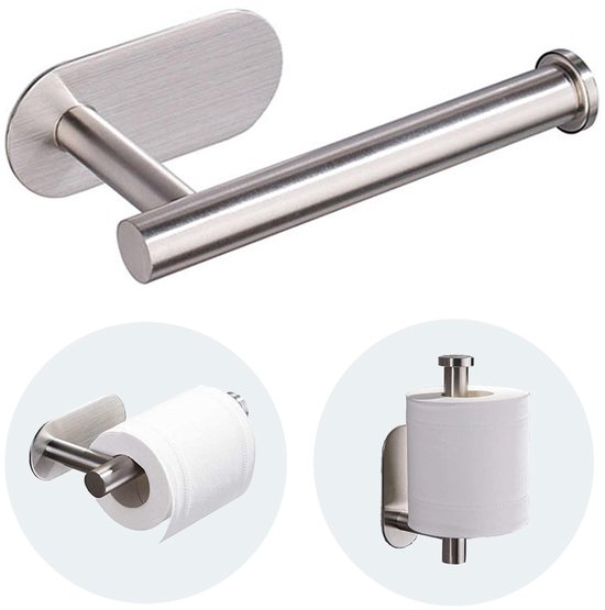 1 x rolpapierhouder met 2 stuks haken, toiletpapierhouder van roestvrij staal, toiletpapierhouder zonder boren, toiletpapierhouder (zilver